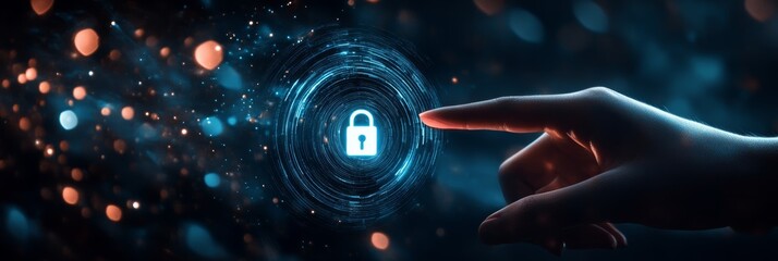 Finger pointing towards a blue padlock on a digital interface surrounded by glowing particles. Symbol of cybersecurity and encryption.