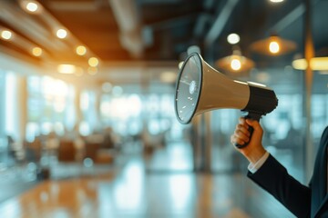 Businessman Using Loudspeaker in Office Scene