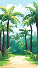 Fototapeta premium Tropical Rainforest Landscape Illustration With Palm Trees And Lush Foliage
