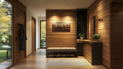 Modern wooden hallway interior with a bench, rug, and plants.
