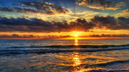 Obraz premium Blurred bokeh of a sunrise over a calm ocean