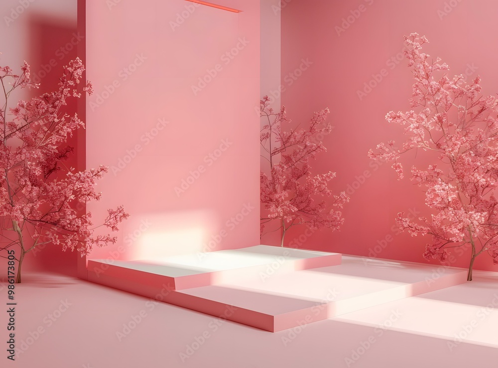 Wall mural pink minimalist background with empty platform and flowers