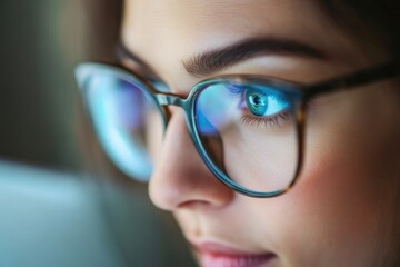 Fototapeta premium Detail Shot of Woman's Eyes in Glasses at Laptop