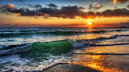 Obraz premium Blurred bokeh of a sunrise over a calm ocean