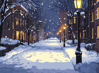 Snowy Night in a Quiet Street