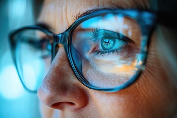 Detail of Glasses with Laptop Screen Reflection on Woman