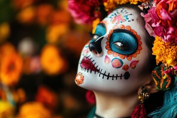 Portrait of a woman with traditional Catrina makeup for Day of the Dead celebration. AI generated