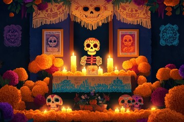 Day of the Dead altar with candles, sugar skull, and marigold flowers, AI generated