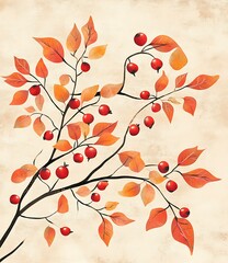 Autumn Branch with Red Berries Illustration