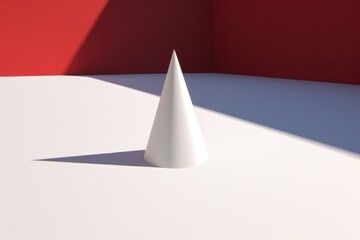 A playful 3D cone, its pointed tip reaching towards the heavens, casting a dramatic shadow on the pristine white surface below.