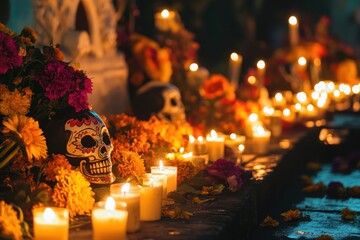Day of the Dead altar with candles, sugar skull, and marigold flowers, AI generated