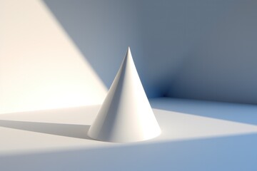 A playful 3D cone, its pointed tip reaching towards the heavens, casting a dramatic shadow on the pristine white surface below.
