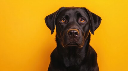 Fototapeta premium Close-up portrait of a black Labrador Retriever dog looking directly at the camera with a serious expression, isolated on a bright yellow background.