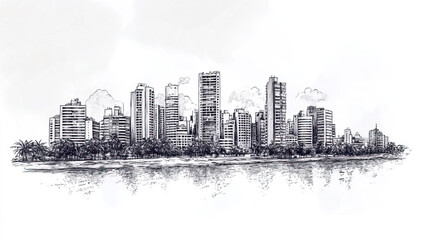 Obraz premium Chiclayo, Peru, black and white pen pencil hand-drawn effect drawing illustration for travel poster, card, wallpaper, backdrop or banner. Modern, clear, artistic and simple