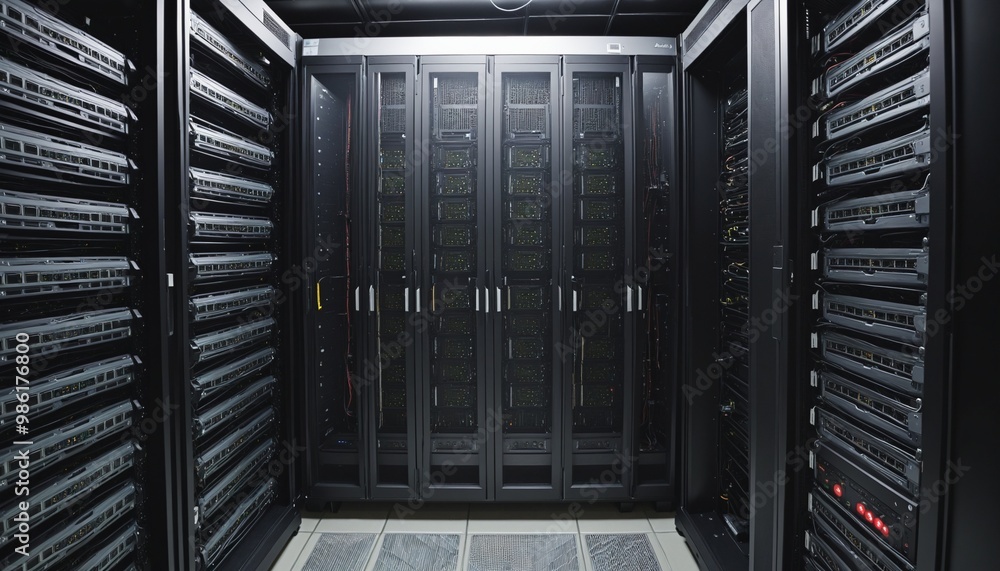 Poster server racks in computer network security server room interior