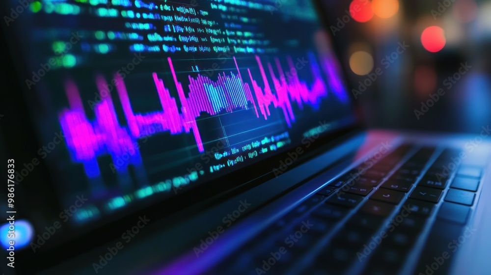 Sticker close up of a laptop screen showing a data graph with pink and blue hues, keyboard in the foreground
