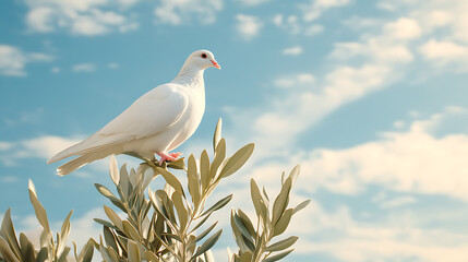 Obraz premium White dove perched on olive branch against a blue sky