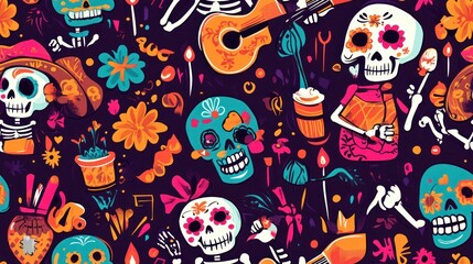 Obraz premium Seamless pattern of vibrant sugar skulls with flowers and hearts, AI generated