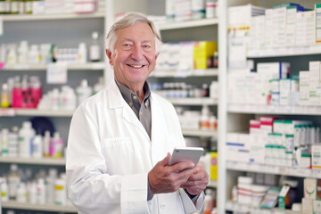 Smiling elderly male pharmacist with a digital tablet in a pharmacy interior. AI generative