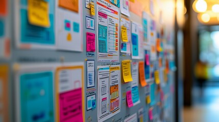 Colorful sticky notes arranged on a wall for brainstorming and project planning in a modern office environment.