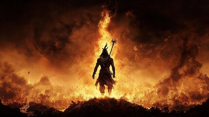 Shiva as the cosmic destroyer, standing in a field of flames, with his third eye glowing, as the universe begins anew from the ashes, Shiva, destroyer, cosmic rebirth