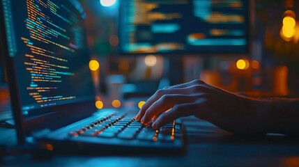 Close-up of a hand typing on a keyboard, with code on a computer screen. Ideal for technology and programming themes.
