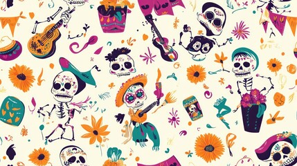 Naklejka premium Seamless pattern of vibrant sugar skulls with flowers and hearts, AI generated