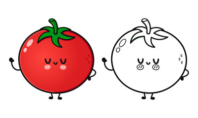 Funny cute happy Tomato characters bundle set. Vector hand drawn cartoon kawaii character illustration icon. Cute Tomato. Outline cartoon illustration for coloring book