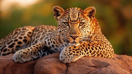 A leopard lays on a rock with its paws resting on the surface, staring intently at the camera.