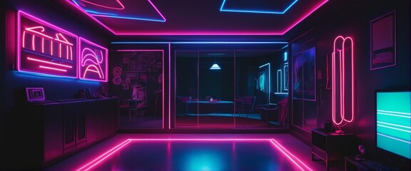 Enigmatic dark room lit by abstract neon lights showcasing, retro synthwave style