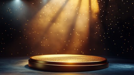 A golden podium with sparkling glitter in a dark, smoky room illuminated by warm spotlights.