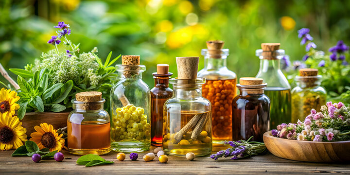 Tincture bottles filled with herbal remedies in a natural setting , tincture, herbal, medicine, bottles, remedy