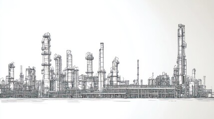 Hand drawn sketch of a factory with tall chimneys and a white background.