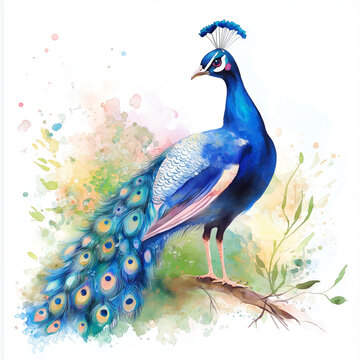 recommend clip art: Watercolor peacock illustration isolated on white background. 