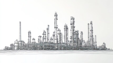 Obraz premium Hand Drawn Sketch of a Chemical Plant with tall smoke stacks, pipes, and a detailed background.