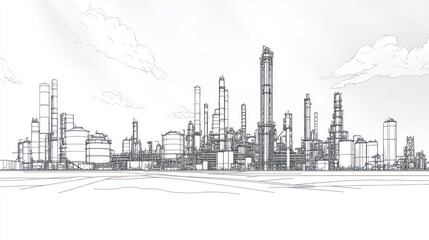 A hand-drawn sketch of an industrial complex with tall towers, pipes, and tanks against a cloudy sky.