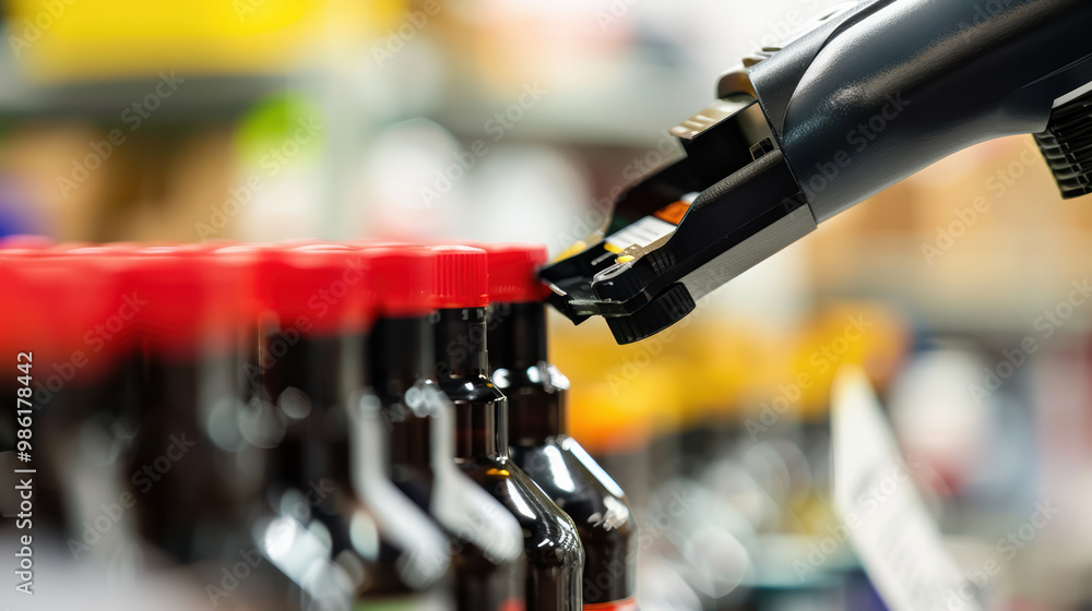 Poster image showcases close up of barcode scanner being used on bottles with red caps in retail environmen