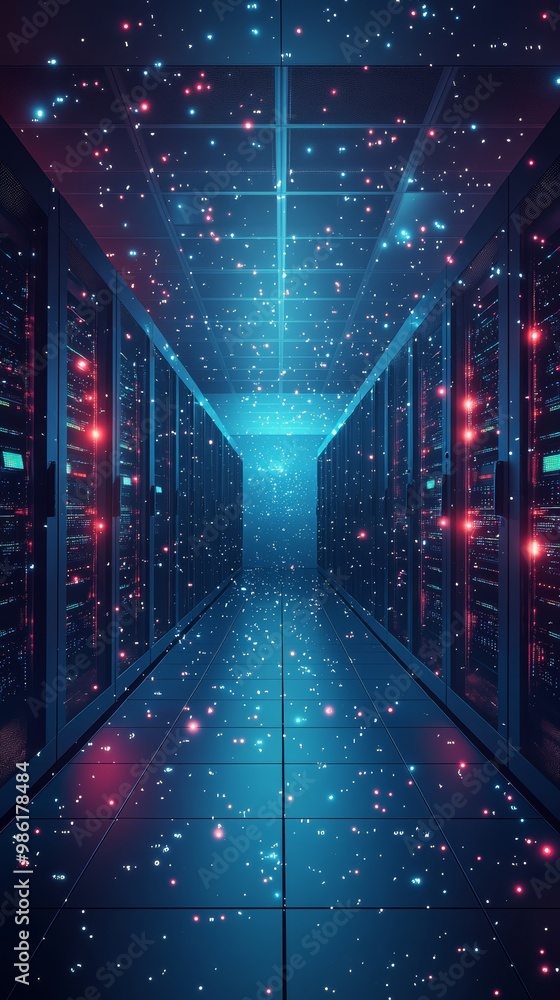 Leinwandbilder futuristic data center with glowing blue and red lights illuminating servers. advanced digital infra