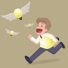 Businessman chasing and catch flying light bulb. Capture new business ideas, search for innovation or creativity, brainstorm or invent new project.Illustration.Vector