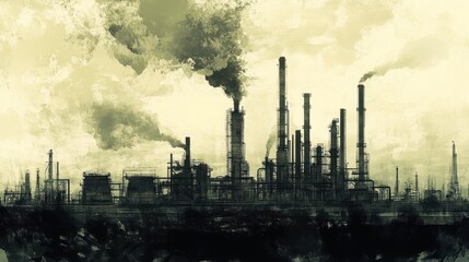 Obraz premium Dark silhouette of industrial factory with smoking chimneys against a muted yellow painted sky background.