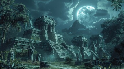 Obraz premium Mayan Temple Ruins Under Full Moon Night Sky