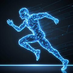 Running man digital art, silhouette of running person/ Glowing figure of runner/ Sport, Motivation, speed and health concept abstract background 
