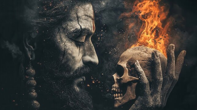 Shiva in his fearsome Aghori form, smeared with ash, holding a skull in one hand and a burning flame in the other, Shiva, Aghori, destruction