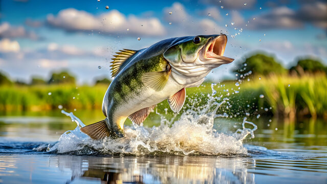 Bass fish jumping out of water , Bass, fish, jumps, water, isolate, realistic