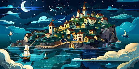 Obraz premium Nighttime Fantasy Village with Crescent Moon and Stars