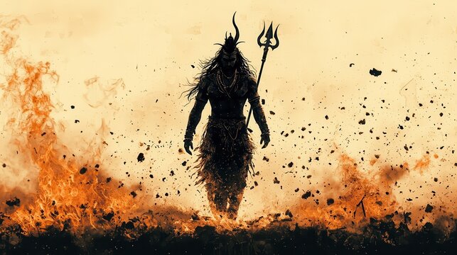 Shiva in his fierce Aghori form, walking through a battlefield, flames rising from his trident as he destroys evil forces, Shiva, Aghori, mythological destruction