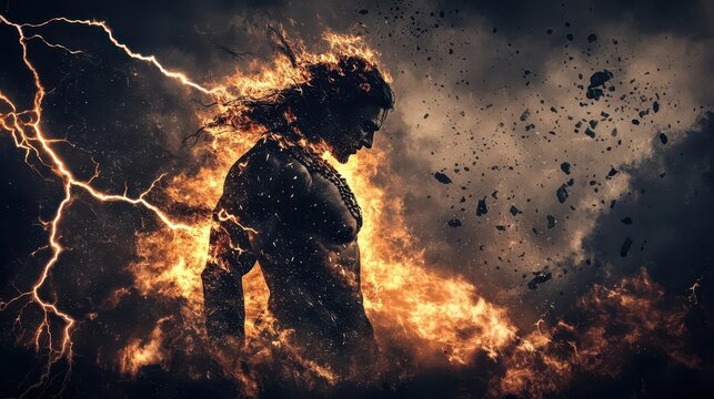 Shiva in his Rudra form, standing amidst a storm of fire and lightning, symbolizing divine wrath and cosmic destruction, Rudra, Shiva, mythology