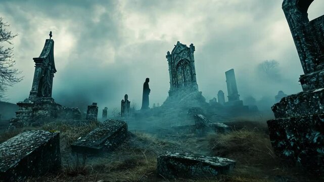 Misty graveyard exploration at dusk reveals ancient tombstones and haunting silhouettes