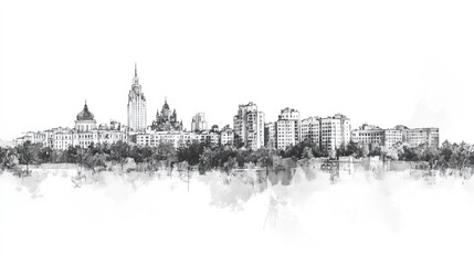 Fototapeta premium Chisinau, Moldova, black and white pen pencil hand-drawn effect drawing illustration for travel poster, card, wallpaper, backdrop or banner. Modern, clear, artistic and simple