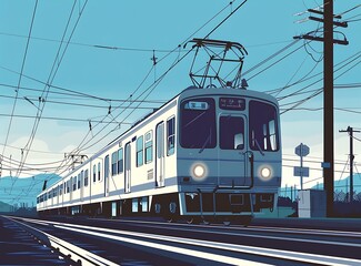 Fototapeta premium Train Traveling Through Blue Skies and Power Lines